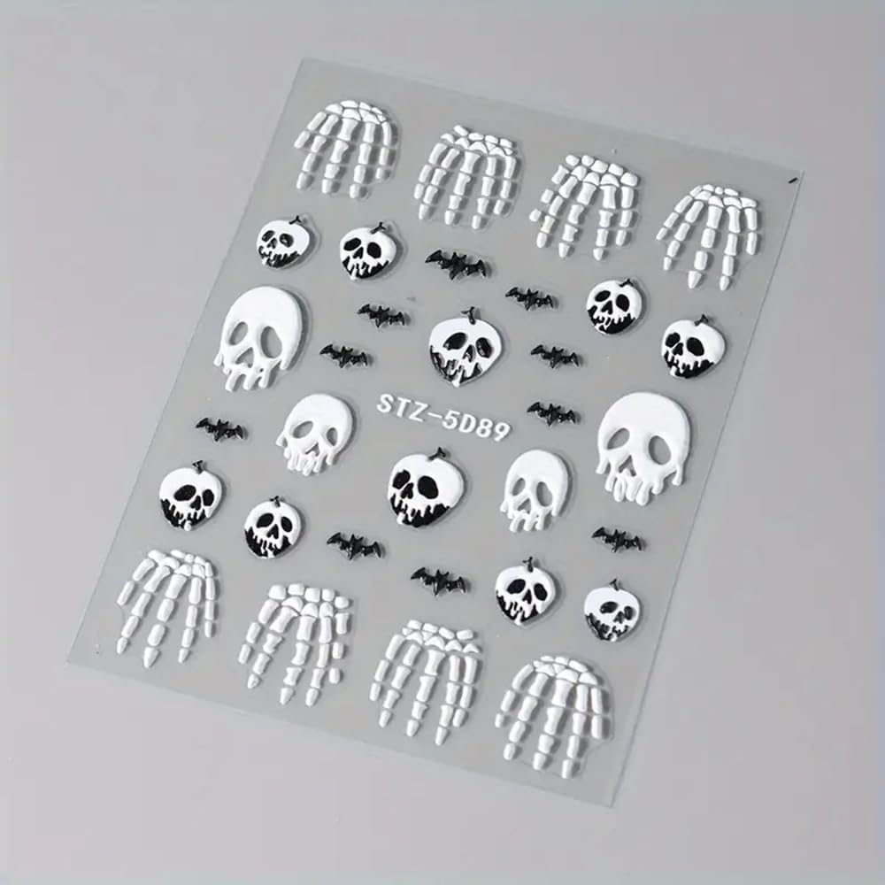 2 Pcs Halloween Nail Art Stickers 5D Embossed Scary Skull Self-Adhesive Nail Decals Halloween Stickers Bat Bones of The Dead Designs Nail Decorations Holiday DIY Acrylic Nail Accessories for Women-BrightBean Baby