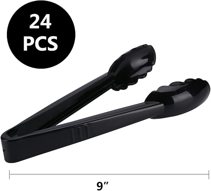 24 Pieces Plastic Salad Tongs, Black Kitchen Serving Tongs, 9 Inch Disposable Utensils Set, Heavy Duty Scalloped, Perfect for Buffets and BBQ, Food Safe Material