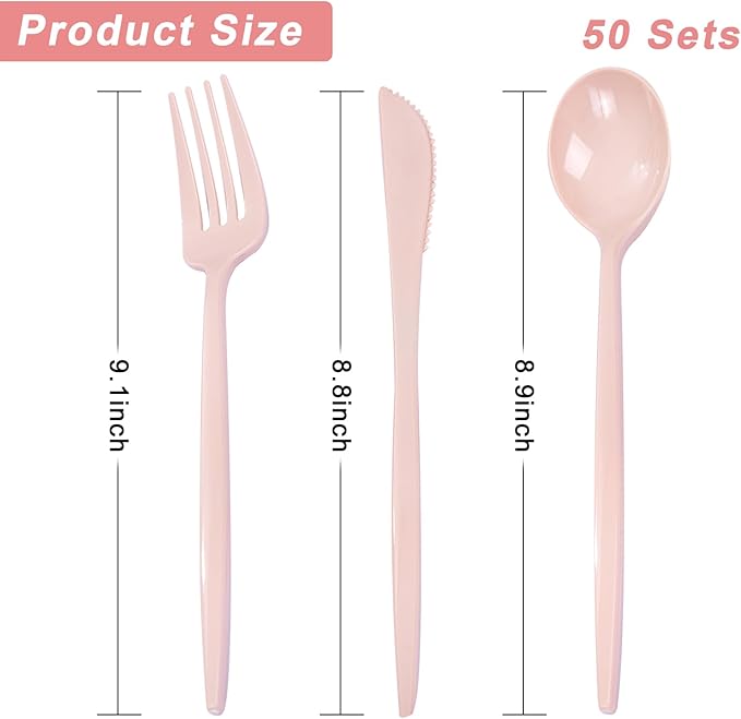 PULOTE 150PCS Pink Plastic Silverware - Plastic Cutlery Heavy Duty - Pink Utensils Set Disposable Include 50 Forks, 50 Spoons, 50 Knives for Wedding, Party & Mother’s Day