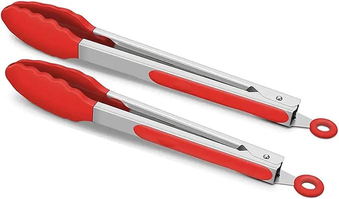 2-Pack of 9" (Small) & 12" (Large) Kitchen Tongs Set: Non-Stick Silicone-Stainless Steel Cooking Tongs, BPA Free, Heat Resistant (480°F) - Non-Slip Grip & Locking Metal Food Tongs (Red)