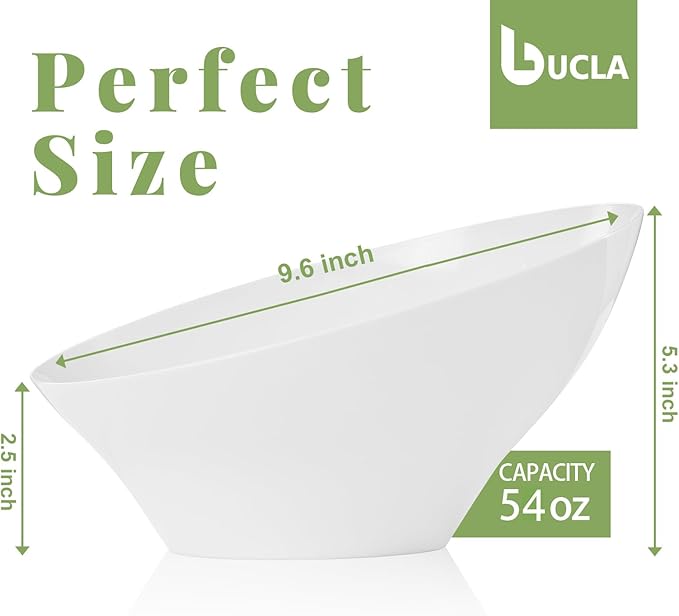 bUCLA 12 Pack White Plastic Serving Bowls - 54 OZ Angled Table Salad and Fruit Bowls Disposable for Chip&Candy - Ideal for Party & Wedding