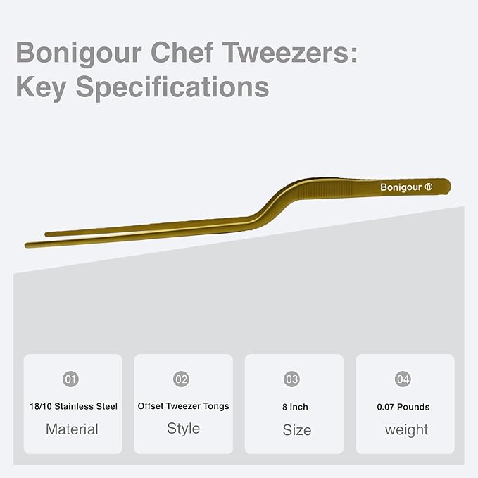 8 Inch Precision Offset Tweezers, Kitchen Culinary Stainless Steel Tongs, Curved Kitchen Cooking Multi-function Chef Precision Tweezer Tongs for Plating, Food Decorating and ect (Gold)