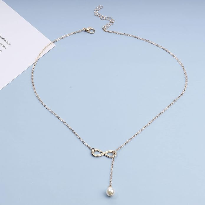 Boho Pearl Infinity Necklace Silver Y Pearl Necklace Minimalist Chain Y Lariat Necklace Chain Jewelry for Women and Girls-BrightBean Baby