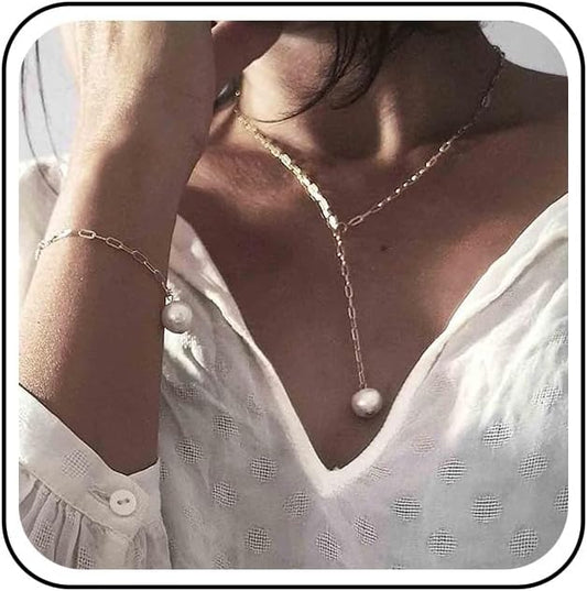 Boho Long Pearl Necklace Gold Lariat Y Necklace Choker Pearl Pendant Necklace Vintage Minimalist Necklace Chain Jewelry for Women and Girls-BrightBean Baby