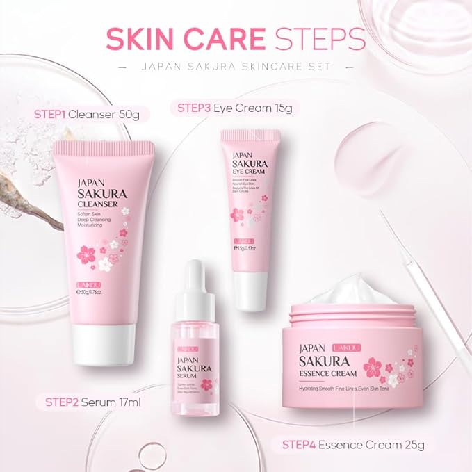Skin Care Set JAPAN SAKURA Beauty Gift Sets Skin Care Kit with Cleanser, Serum, Eye Cream, Face Cream Travel Kit for Women Mom Wife Teen Girls Gentle Skin Cleaning TSA-friendly Sizes 4pcs-BrightBean Baby