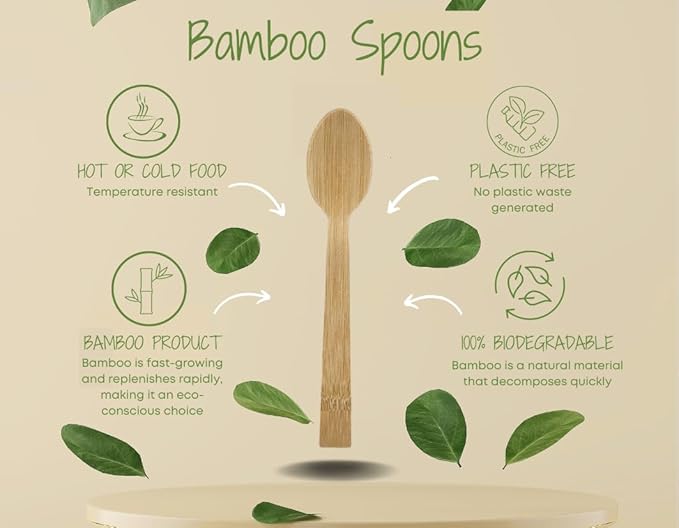 Bamboo Disposable & Compostable Spoons | Biodegradable | 6.7" Eco-Friendly Utensils | 100 Pack (Spoons)