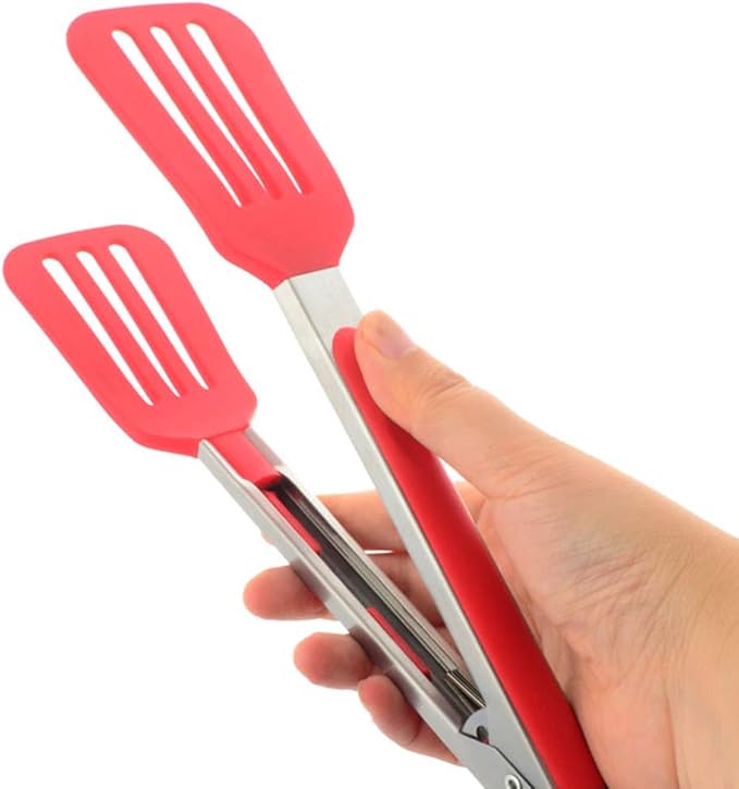 Cooking Tongs 9 inches and 12 inches Stainless Steel Kitchen Silicone Serving Tong Heat Resistant Meat Turner Spatula Tong Fish Tongs with Locking Handle Joint (Red)