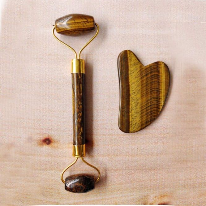 Tiger eye Face Roller and Gua Sha Set - Skin Care Jade Roller and Gua Sha for Women Gifts - Tiger Eye Roller for Face Massage Roller Facial Therepy Lifting Tool Anti Aging Beauty (Tiger Eye)-BrightBean Baby