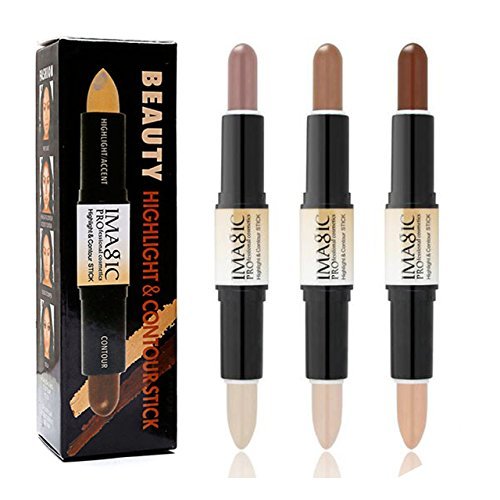 CCbeauty 3pcs 2-IN-1 Matte Contour Highlighter Kit with Blush, Cream Dual-End Highlight Bronzer Concealer Blusher Stick for Cheeks & Lip,Eye, Long Lasting Contouring Face Shaping Makeup, Light-Medium-BrightBean Baby