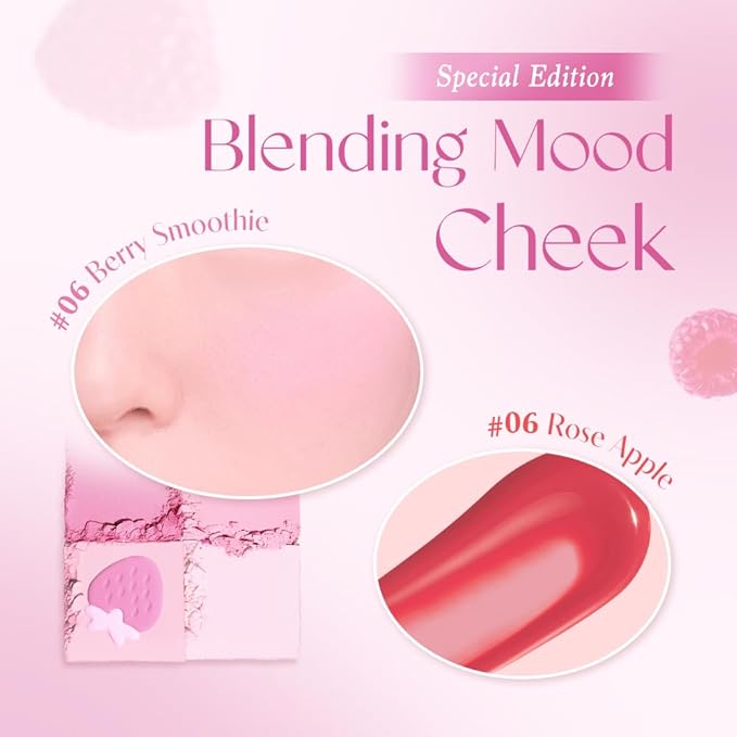 Dasique Blending Mood Cheek Special Edition #06 Berry Smoothie with FREE Juicy Dewy Tint Mini #06 Rose Apple | 4 Blendable Shades in Lightweight Smooth Powder | Korean Makeup-BrightBean Baby