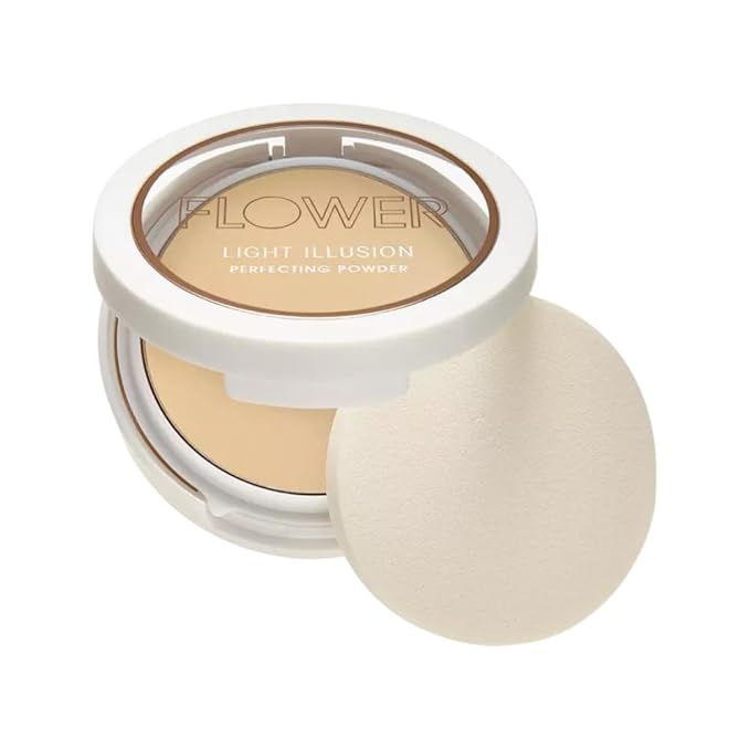 FLOWER Beauty By Drew Barrymore Light Illusion Perfecting Powder - Powder Foundation + Setting Powder for Makeup - Medium Buildable Coverage - Natural Glow + Flawless Finish - Mirror + Sponge Include d (Caramel)-BrightBean Baby
