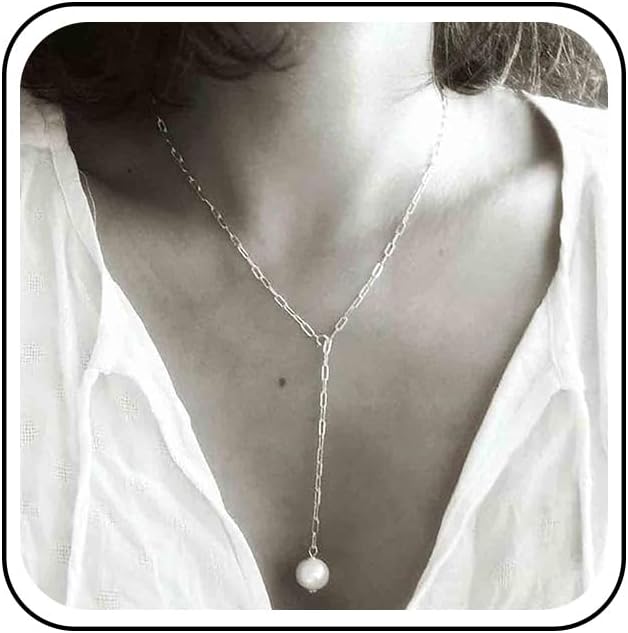 Boho Long Pearl Necklace Gold Lariat Y Necklace Choker Pearl Pendant Necklace Vintage Minimalist Necklace Chain Jewelry for Women and Girls-BrightBean Baby