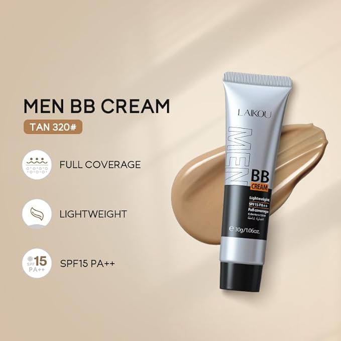 AKARY Hydrating Men BB Cream SPF 15 PA++, Full-Coverage Foundation&Concealer, Mens Face Moisturizer Cream Evens Skin Tone, Oil Control and Cover Flaws, Natural Finish for All Skin Types, Tan 320-BrightBean Baby