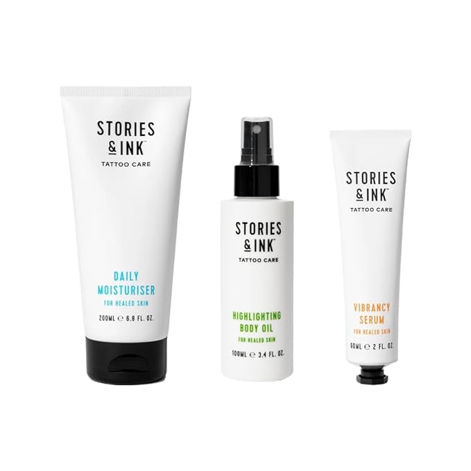 Stories & Ink Tattoo Care | THE ORIGINALS PACK | Fade-Fighting Regimen (Daily Moisturizer + Hydrating Body Oil + Vibrancy Serum) | Completely Hydrates, Highlights and Defines your Ink-BrightBean Baby