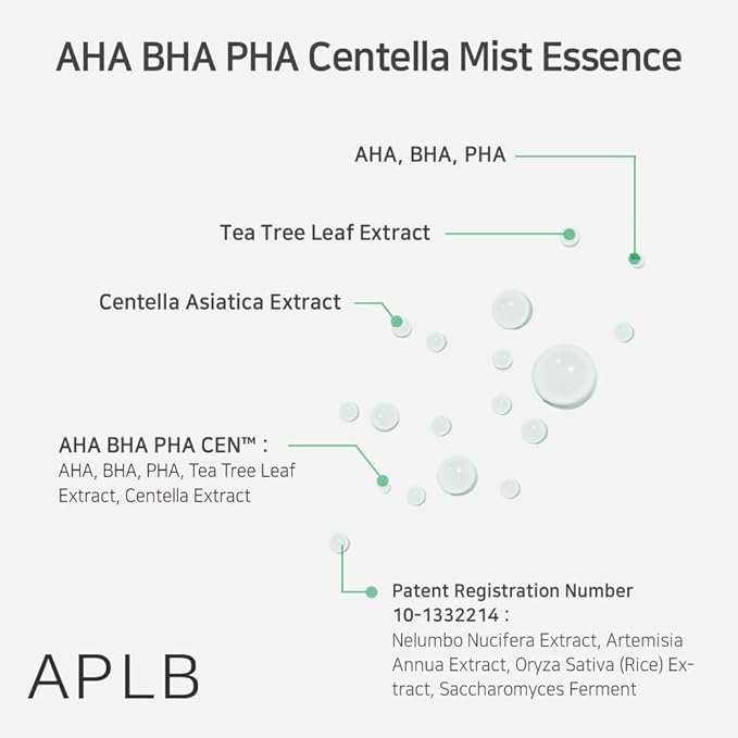 APLB AHA BHA PHA Centella Mist Essence | AHA BHA PHA CEN™ 23.8% 3.55 FL.OZ/Korean Skincare, Exfoliant, Replenishing Moisture, Revitalize for Gentle and Improve Skin Texture-BrightBean Baby