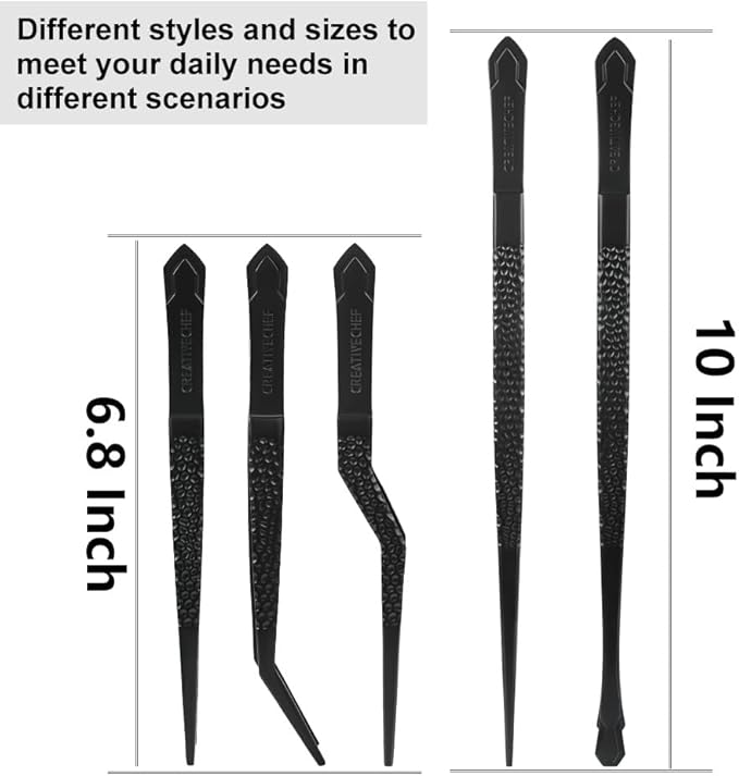 CREATIVECHEF Chef Tweezer Tongs, Professional Kitchen Tweezers, Precision Tweezer Tongs for Cooking, BBQ, Plating, Stainless Steel, Black (5)
