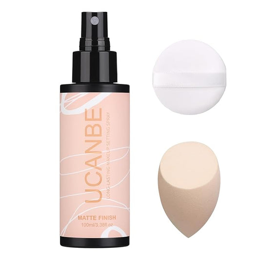 Long Lasting Makeup Setting Spray Kit - 3.38 Fl oz Super Matte Finish Setting Mist Lightweight Face Make up Fixer for Oily Skin + 1PC Sponge Puff + 1PC Powder Puff-BrightBean Baby