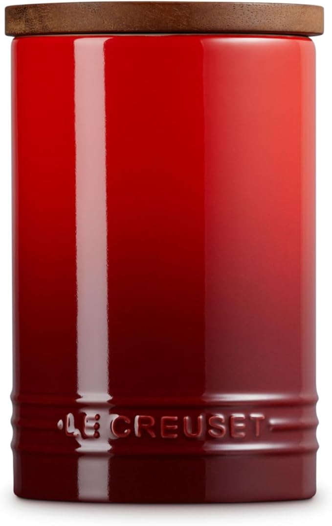Le Creuset Signature Salt Cellar and Storage Canister with Wood Lid, 26 oz., Cerise