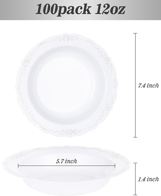 100 Pack White Plastic Bowls with Silver Rim, 12oz Plastic Salad Bowl, Disposable Bowls for Party, Dinners, Weddings, Christmas, Thanksgiving