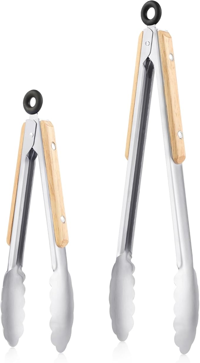 2 Pcs Tongs For Cooking - 9 Inch and 12 Inch, Stainless Steel Kitchen Tongs, Heat Resistant 1100°F, Pull Ring Lock, Solid Wood Handles, For Grilling, Barbecuing, Cooking
