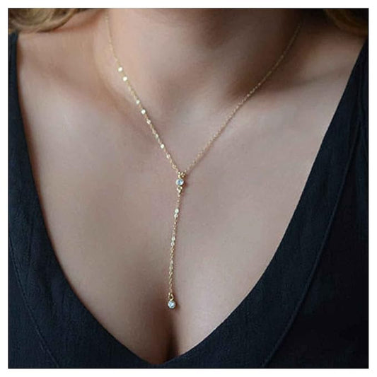 Boho Crystal Y Drop Necklace Choker Gold Long Y Necklace Chain Minimalist Cz Lariat Necklace Classic Simple Y Lariat Necklace Jewelry for Women and Girls Gifts-BrightBean Baby