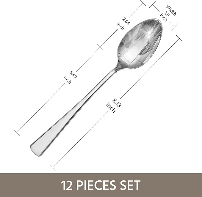 KINGSTONE 12 Piece Dinner Spoon Set, 18/10 Stainless Steel Spoons, Silver Food Grade Table spoons of 12, Metal Spoons for Home, Kitchen, Weddings, Parties or Restaurant, Dishwasher Safe-8.15inches