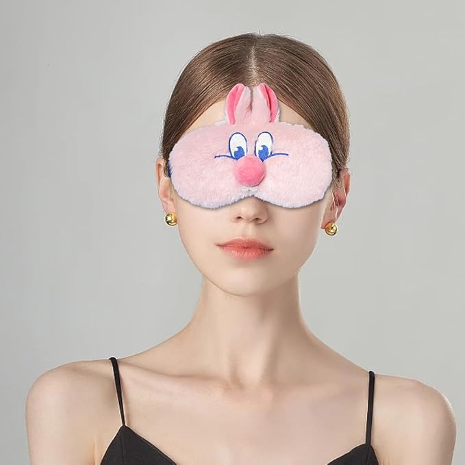 PERFECTSIGHT Bunny Eye Masks, Cute Plush Sleep Eye Cover Lightweight Adjustable Eyeshade Faux Fur Mask Cover for Women Men Sleep Travel Nap, Pink Nose-BrightBean Baby
