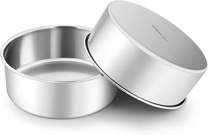 Leonyo 8 Inch Cake Pan, Stainless Steel Circle Baking Pans Set, 2 Pieces Round Layer Cake Tin for Wedding Birthday, Even Heating, Non Toxic & Healthy, Heavy-Duty, Dishwasher Safe