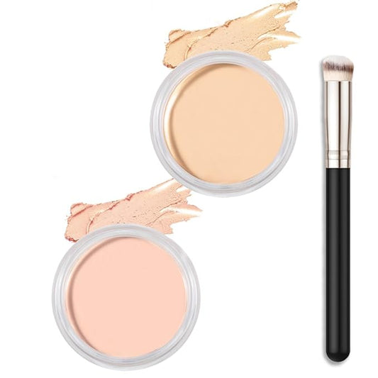 Kaely 2Pcs Cream Pot Concealer Full Coverage Set,Conceal Brighten Dark Circles,under Eye Color Correcting Concealer,Waterproof Foundation Palette with Brush,corrector de ojeras,Vegan Makeup,01+02-BrightBean Baby