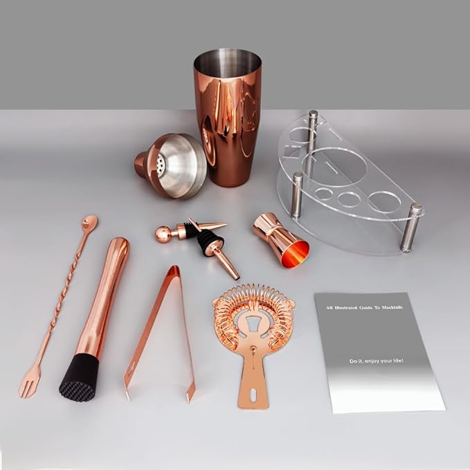 Cocktail Shaker Set with Stand, Cocktail Shaker Bartender Kit: Bar Tool Set, Drink Mixing Includes Martini Shaker,Strainer,Jigger,Bar Mixer Spoon,Muddler, Pourer, Bottle Stopper (Rose Gold)