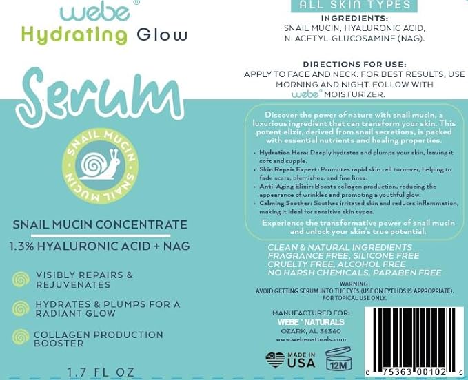 WEBE Naturals Snail Mucin 94% Hydrating Glow Serum | 1.3% Hyaluronic Acid & N-Acetyl Glucosamine | Collagen Boosting, Plumping, Anti Aging, Intense Moisturizing Serum for Radiant, Dewy Skin-BrightBean Baby
