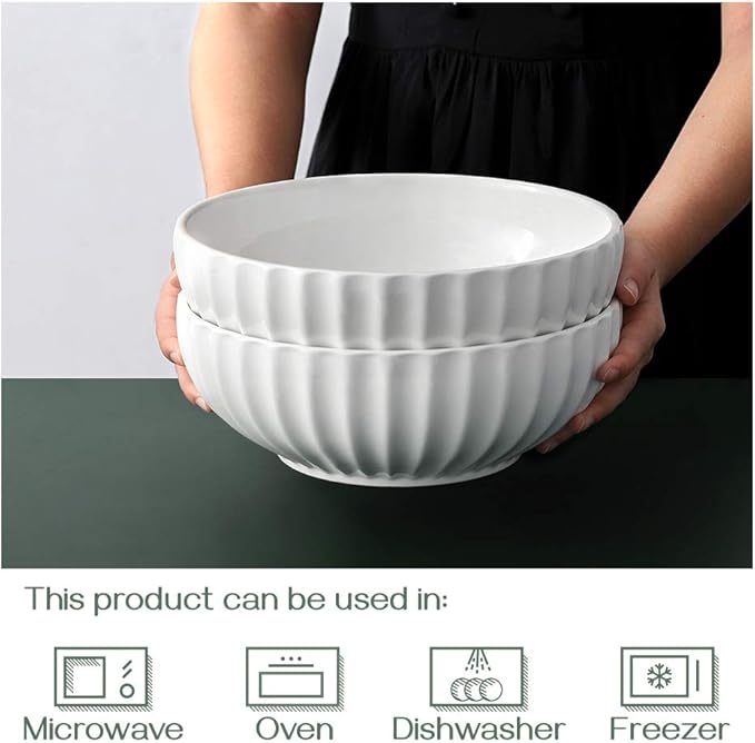 DOWAN 9.8'' Serving Bowls, 86 oz Large Salad Bowl, Ceramic Serving Dishes, Set of 2, Pumpkin Shape for Halloween, Entertaining, Party, Kitchen, Dinner, Banquet, Housewarming Gift, Soft White