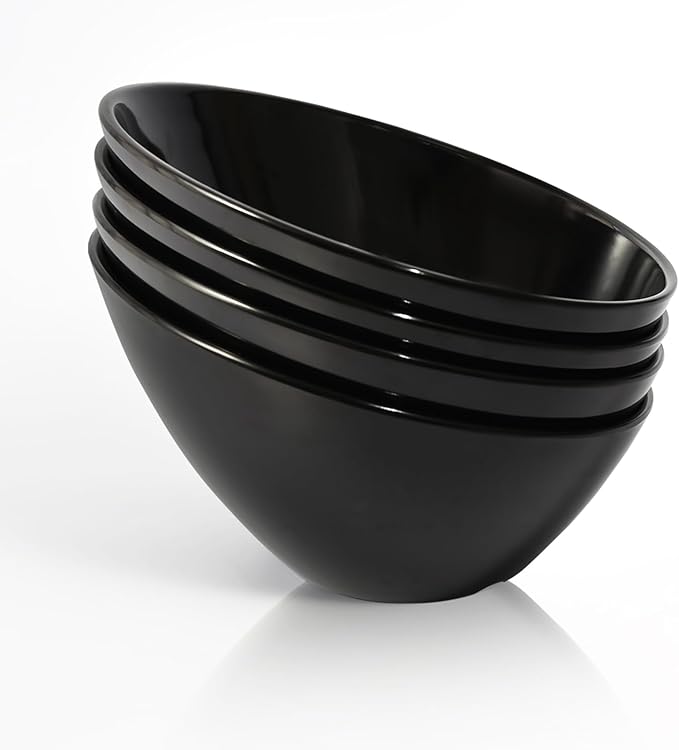 TP Salad Bowls Set of 4, 26 oz Melamine Serving Bowls for Pasta, Cereal, and Snacks, Lightweight and Durable, Dishwasher Safe, Black Bowls for Restaurant, Kitchen, Daily Use