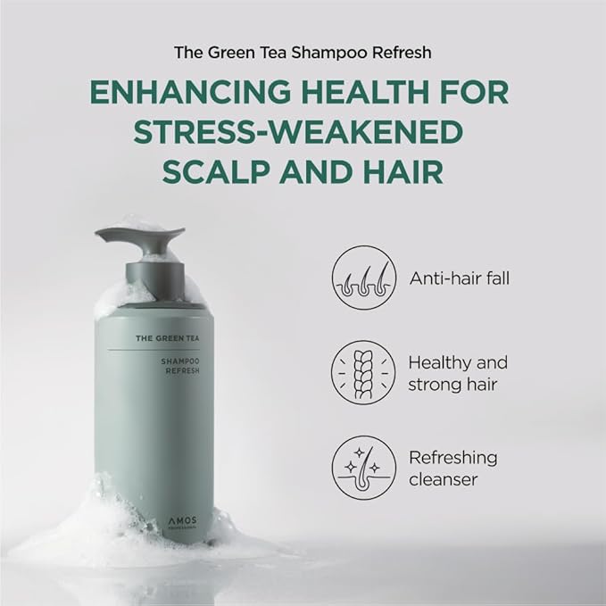 AMOS PROFESSIONAL The Green Tea Shampoo Refresh for Thinning Hair, Korean Shampoo for Oily Scalp l Deep Cleans, Strengthening Hair, All Hair Types, 16.9 fl.oz-BrightBean Baby