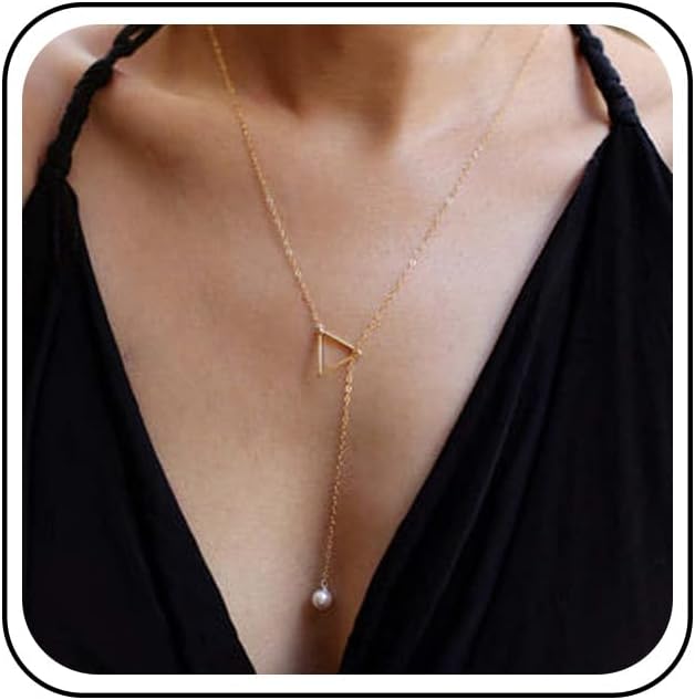Boho Pearl Triangle Necklace Gold Y Pearl Necklace Minimalist Y Lariat Necklace Geometry Chain Jewelry for Women and Girls-BrightBean Baby