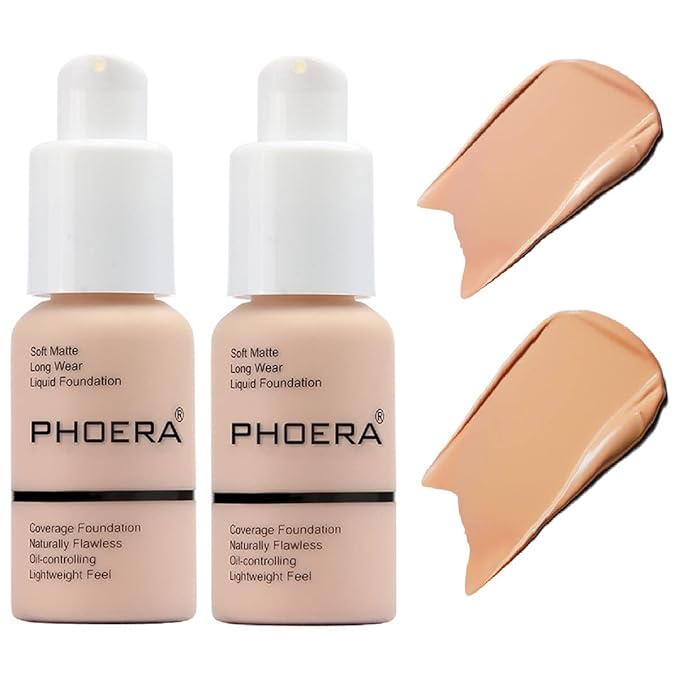2 Pack PHOERA Foundation,Matte Oil Control Concealer Foundation Cream,PHOERA Long Lasting Waterproof Matte Liquid Foundation for Women Girls (103 Warm Peach +104 Buff Beige)-BrightBean Baby