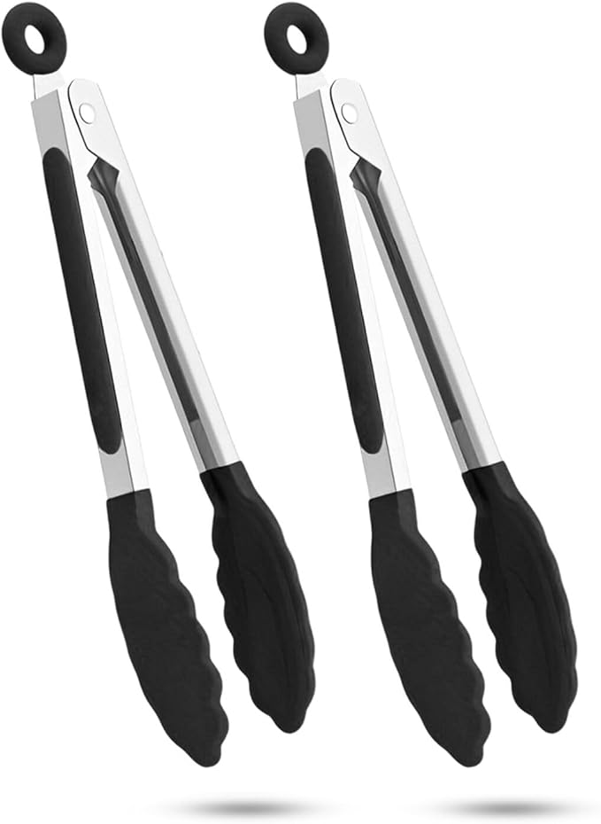 2-Pack of 9" (Small) & 12" (Large) Kitchen Tongs Set: Non-Stick Silicone-Stainless Steel Cooking Tongs, BPA Free, Heat Resistant (480°F) - Non-Slip Grip & Locking Metal Food Tongs (Black)