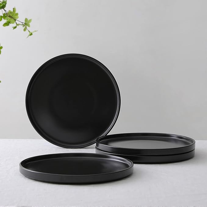 Stone Lain Coupe - Celina Stoneware Round Dinner Plates Set, 4-Piece, Black Matte