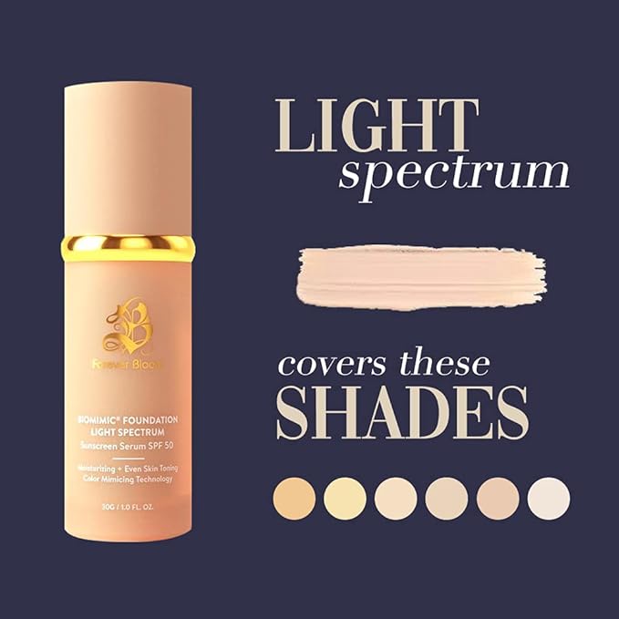 Bio Mimic Foundation Light Spectrum by Forever Bloom; Hydrating, Anti-Aging, Concealing, Evening skin tone, Protecting from Sun with SPF50; Lifestyle Lightweight Foundation for Gym, Sports, Dancing-BrightBean Baby
