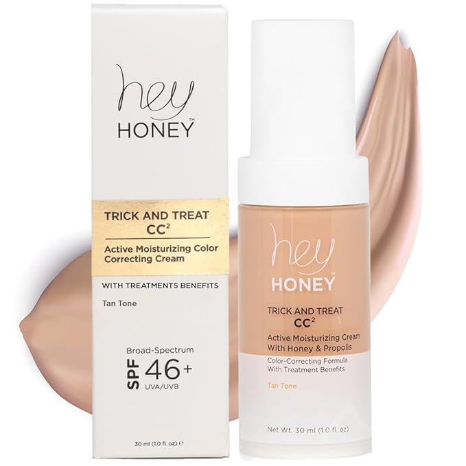 Hey Honey Trick and Treat CC² Cream SPF 46 | Active Moisturizing Color Correcting Cream with Honey & Propolis | Best Cover For Rosacea, Skin Redness & Mature Skin | 1 oz (Tan Tone)-BrightBean Baby