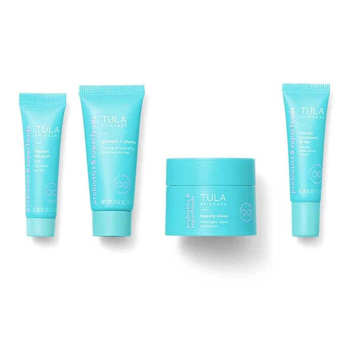 TULA Skin Care Your Best Skin At Every Age Firming & Smoothing Discovery Kit, New Packaging - Wrinkle Treatment, Face Moisturizer, Eye Serum and Overnight Repair Treatment, Anti-Aging, 4-Piece Kit-BrightBean Baby