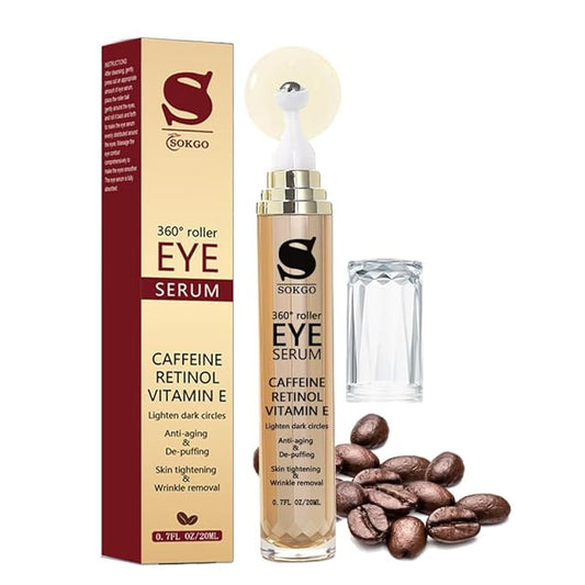Caffeine Eye Serum Anti Aging, Retinol Eye Serum with 360° Massage Ball for Dark Circles and Puffiness, Deeply Moisturizing, Firms and Lifts Eye Skin, Enhance Skin Elasticity, Smooth Fine Lines-BrightBean Baby