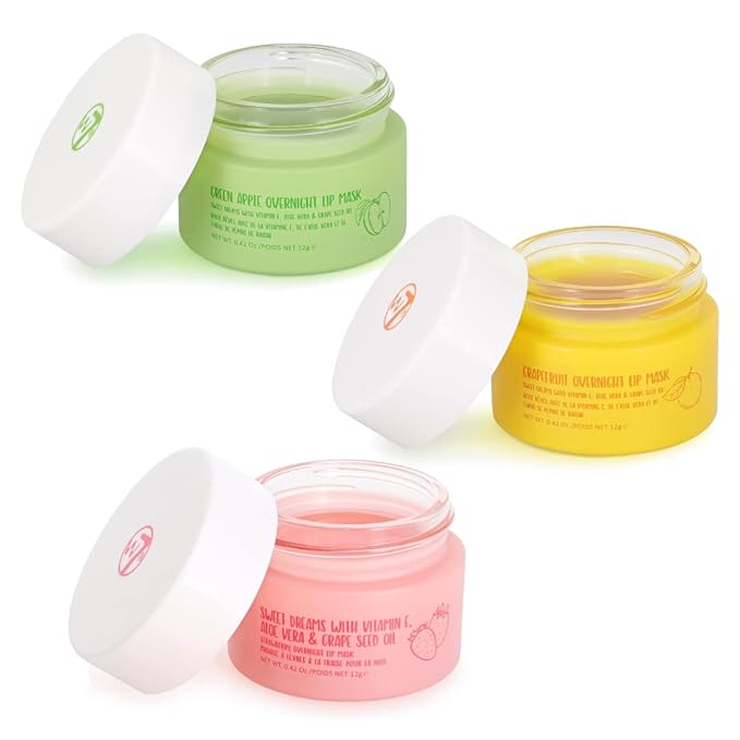 W7 Sweet Dreams Overnight Lip Mask Trio - Strawberry, Apple & Grapefruit Flavor 3 Pack - Vitamin E, Aloe Vera and Grape Seed Oil - For Hydrated, Full Looking & Irresistible Lips-BrightBean Baby