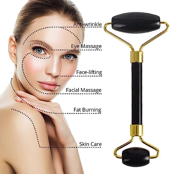 Black Obsidian Jade Facial Roller & Gua Sha Set 100% Natural Source from Highest Altitude of Himalayan Two-Sided Face Neck Massager Stone Beauty Tool-BrightBean Baby