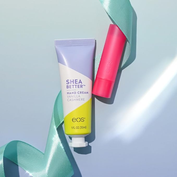 eos Holiday Skin Care Set- Vanilla Cashmere Travel Hand Cream & Candy Cane Swirl Lip Balm, Stocking Stuffers, 1 fl oz Hand Cream + 0.14 oz Lip Balm, 2-Pack-BrightBean Baby