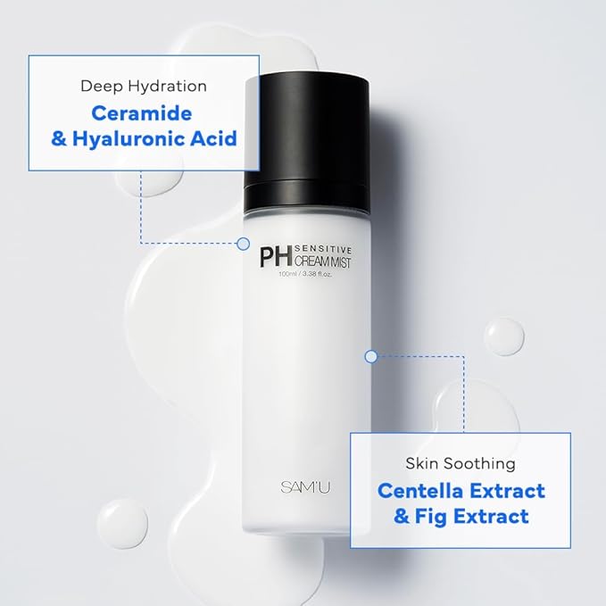 SAM'U PH Sensitive Cream Mist, Ceramide Face Mist, Hypoallergenic Facial Spray with Hyaluronic Acid & Centella, Hydrating & Quick Absorbing, Korean Skin Care for Dry & Sensitive Skin, 3.38 Fl. Oz-BrightBean Baby