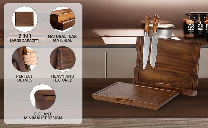 2 - in - 1 Magnetic Knife Block Holder with 16"x11" Cutting Board, Crafted from Premium Natural Rain Wood, Exquisitely Made with Elegant Design, Ideal for Efficient Kitchen Knife Storage