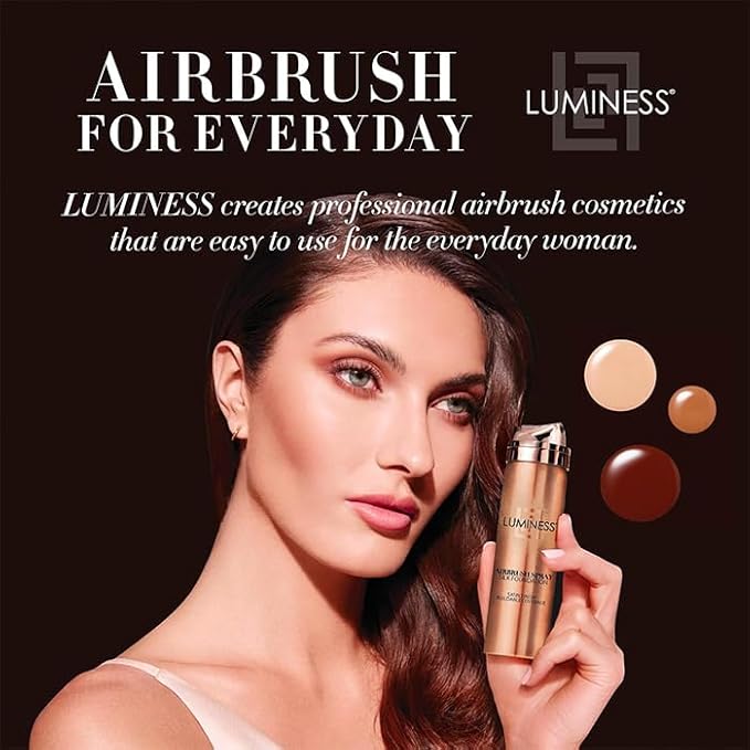 LUMINESS Silk Airbrush Spray Foundation & Buffing Brush Kit – Full Coverage Foundation & Dual-Sided Buffing Brush - Buildable Coverage, Anti-Aging Formula Hydrates & Moisturizes (Shade - Warm)-BrightBean Baby