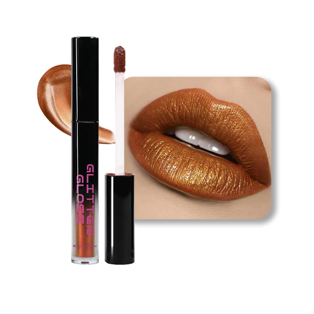 Golden Brown Metallic Lipstick for Women,Glitter Sparkling Liquid Lipstick,Long Lasting Waterproof Lightweight Comfortable Non-Drying Bold Dark Lip Gloss for Gothic Stage Makeup,Vegan-BrightBean Baby