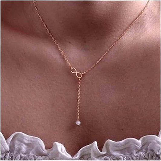 Boho Pearl Infinity Necklace Silver Y Pearl Necklace Minimalist Chain Y Lariat Necklace Chain Jewelry for Women and Girls-BrightBean Baby